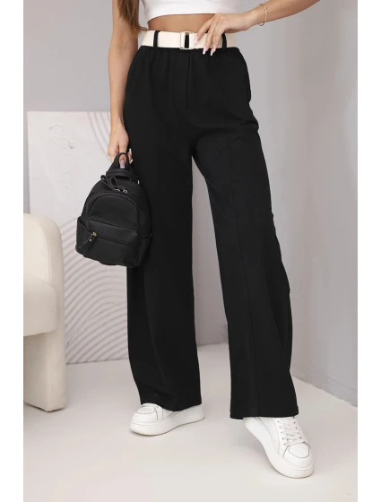 Dámské bavlněné kalhoty se širokými nohavicemi a páskem černé Dámské bavlněné kalhoty se širokými nohavicemi a páskem černé
