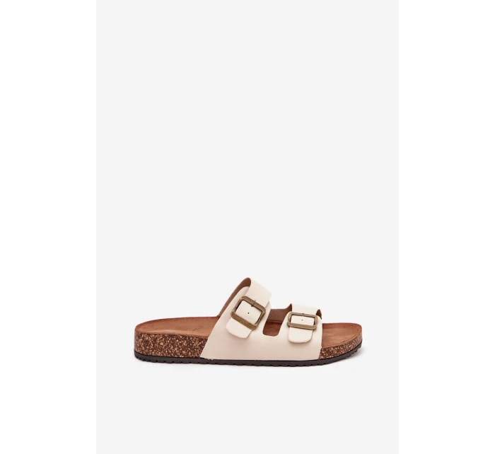 Dámské pantofle na korkové platformě s přezkami – béžové