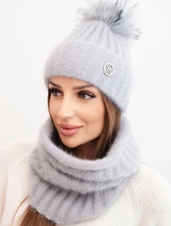 Dámská zimní souprava s bambulí a komin šedý