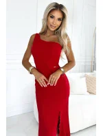 Červené dlouhé dámské šaty přes jedno rameno ve stylu model 20226208 - numoco