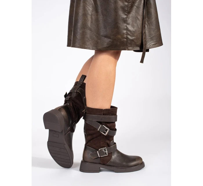 Trendy dámské  kotníčkové boty hnědé na širokém podpatku