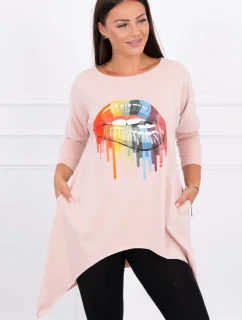 Oversize halenka s potiskem duhových rtů tmavě pudrově růžová