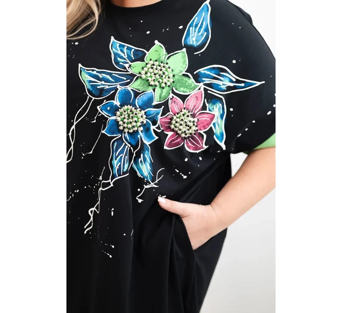 Dámská tunika Plus Size s květinovým vzorem a ozdobnými perličkami zelená