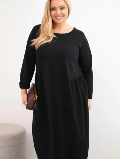 Dámská suknička Plus Size z bavlny s dlouhým rukávem a nařasením v pase černá