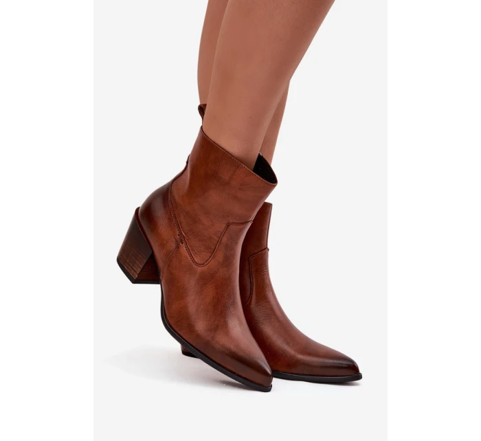 Kožené Kožené Kozačky Pro Ženy Na Podpatku Vyhřívané Zazoo 60565 Hnědé