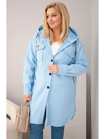 Dámský kabát plus size s kapucí zapínaný na knoflíky modrý