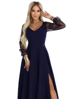 640-3 LORETTA jedinečné dlouhé šaty s tylovými rukávy a výstřihem - tmavě modré