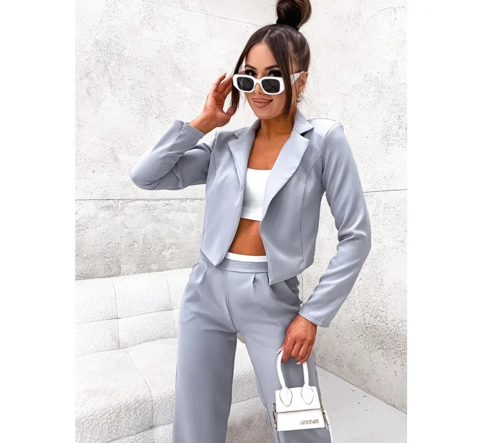 Šedý dámský komplet - krátké sako a široké kalhoty (8263)