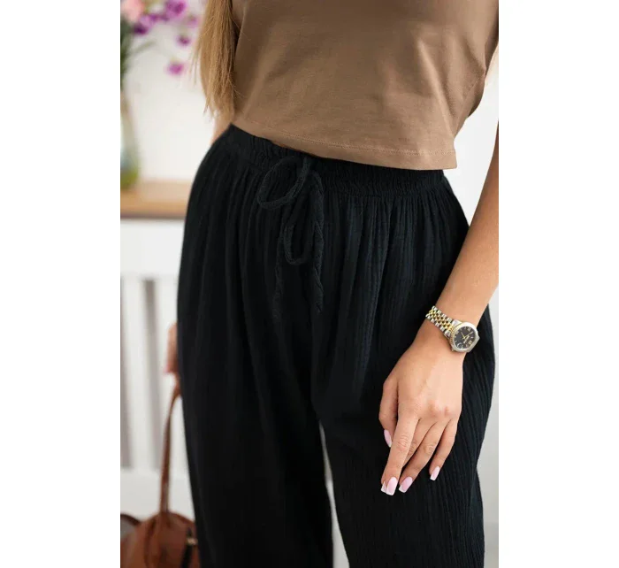 Mušelínové kalhoty se širokou nohavicí černý
