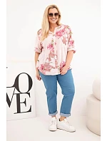Dámská bavlněná halenka Plus Size s výstřihem do V a květinovým vzorem pudrově růžová Dámská bavlněná halenka Plus Size s výstřihem do V a květinovým vzorem pudrově růžová