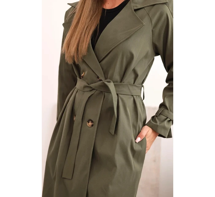 Dámský kabát s vázáním v pase a límcem khaki Dámský kabát s vázáním v pase a límcem khaki