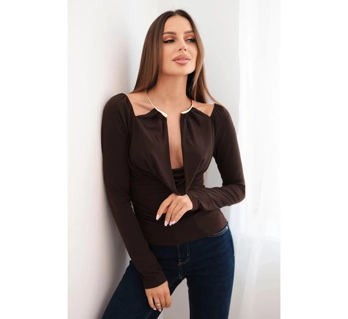 Dámská blůza s model 21731238 výstřihem a dlouhým rukávem hnědá - K-Fashion