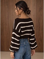 Dámský oversize svetr s pruhy a nastavitelným pasem, hnědý, FashionStreet MY2613