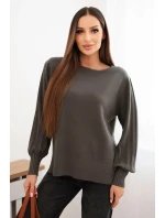 Dámský viskózový svetr s dlouhým rukávem a rozparkem po model 21410300 khaki - K-Fashion