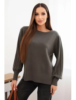 Dámský viskózový svetr s dlouhým rukávem a rozparkem po model 21410300 khaki - K-Fashion