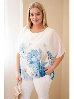 Dámská halenka Plus Size s květinovým potiskem a volným rukávem modrá