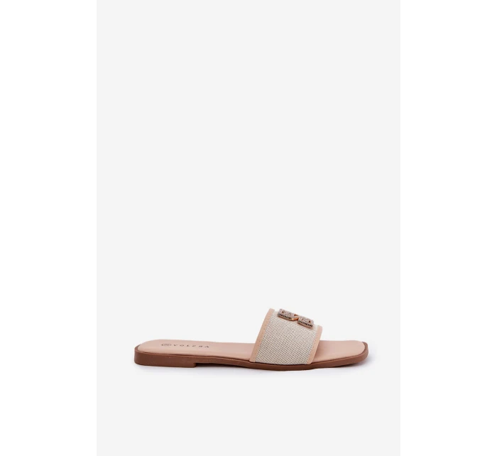 Elegantní Dámské Pantofle S Dekorací Na Plochém Podpatku Béžové model 21685546 - Boto Elegantní Dámské Pantofle S Dekorací Na Plochém Podpatku Béžové model 21685546 - Boto