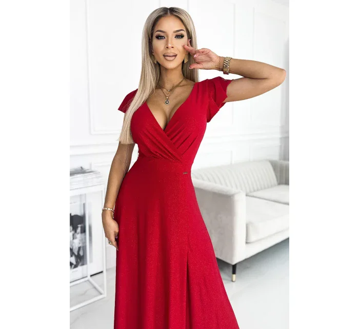411-2 CRYSTAL lesklé dlouhé šaty s výstřihem - ČERVENÉ