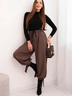 Dámské kalhoty s širokým nohavicím a zavazováním dole mocca