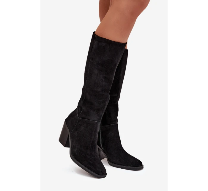 Semišové Kozačky Na Podpatku Se Zipem Černé model 21705064 - Boto