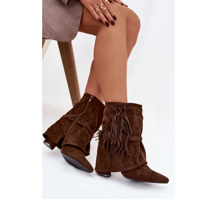 Dámské kotníkové boty na podpatku s třásněmi a zlatými hnědé Damskie model 21757504 - Boto Dámské kotníkové boty na podpatku s třásněmi a zlatými hnědé Damskie model 21757504 - Boto