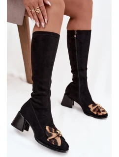 Dámské kozačky na podpatku s ozdobnou mašlí D&A – černé