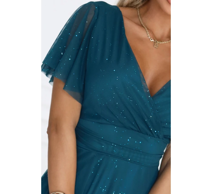 Dlouhé třpytivé šaty 635-1 MELANIA lahvově zelené - Numoco