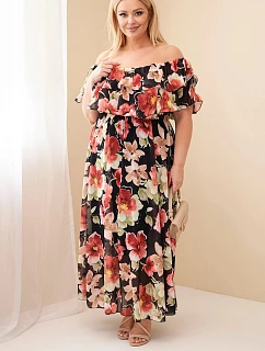 Dámské šaty plus size maxi s volánem španělského střihu a elastickým pasem černá