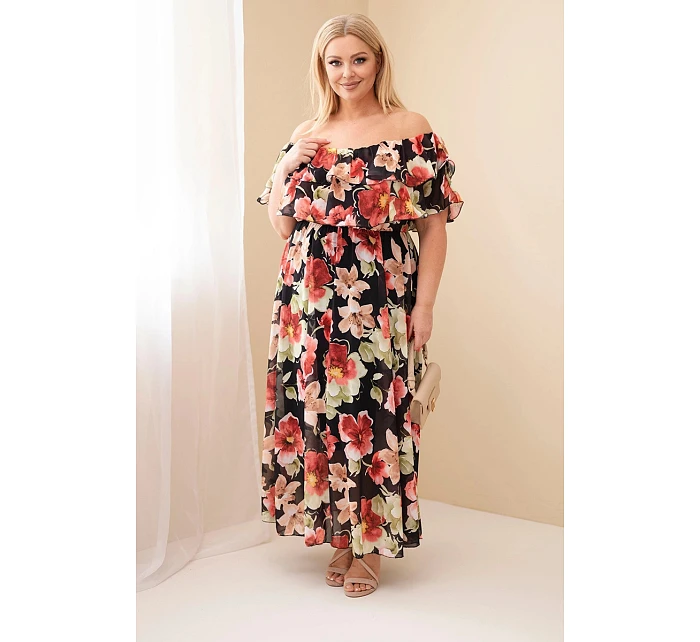 Dámské šaty plus size maxi s volánem španělského střihu a elastickým pasem černá