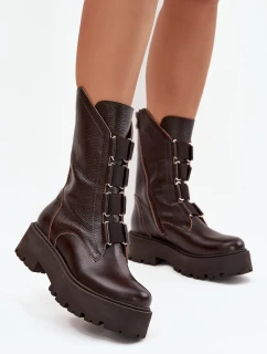 Dámské kotníkové boty z přírodní kůže na platformě model 21713273 Čokoládové - Zazoo