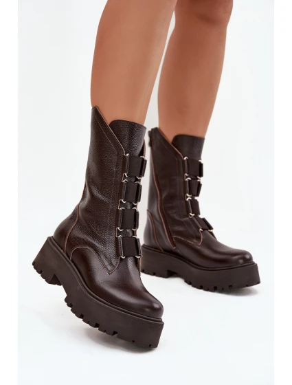 Dámské kotníkové boty z přírodní kůže na platformě Zazoo 3795 Čokoládové