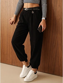Spodnie damskie bawełniane z paskiem czarne model 22394771 - FashionStreet