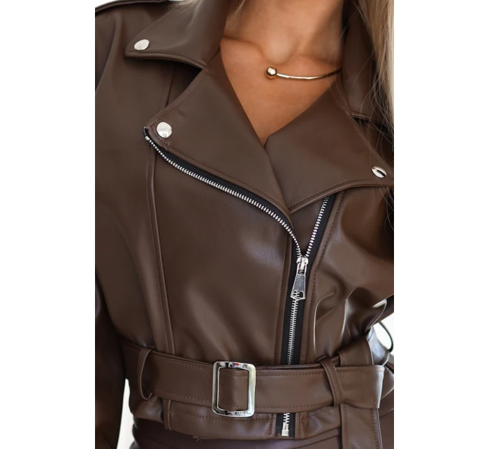 Bunda z měkké ekokůže s páskem a asymetrickým zipem čokoládová model 21322450 - numoco basic