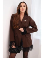 Dámská sako hnědá s krajkou na spodní části a na manžetách hnědá
