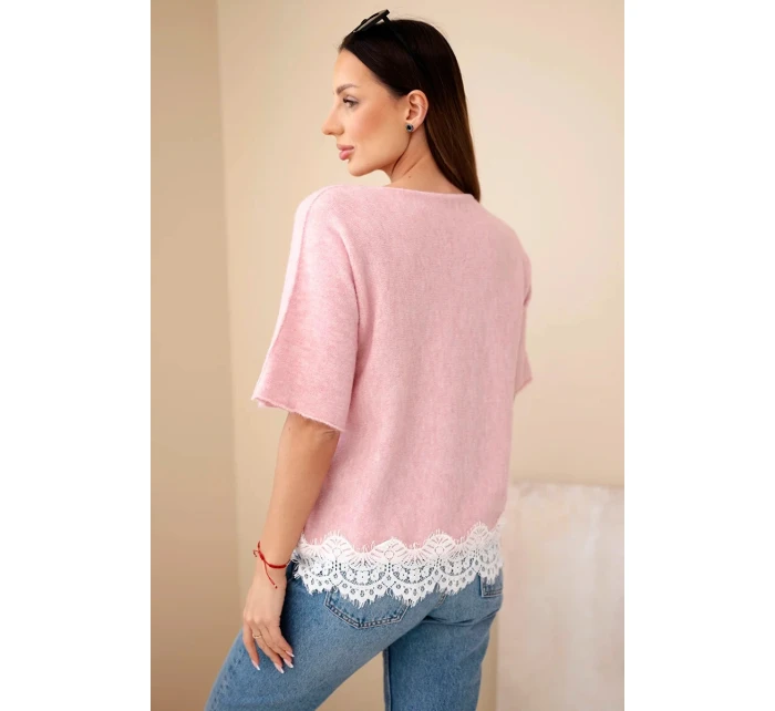 Dámský svetr s krátkým rukávem a krajkou tmavě pudrově růžový