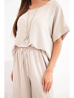 Dámský viskózový komplet — halenka s krátkým rukávem a kalhoty se širokou nohavicí tmavě béžový