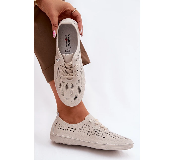 Kožené Ažurové Dámské Polobotky model 22101360 Béžové - S.Barski Kožené Ažurové Dámské Polobotky model 22101360 Béžové - S.Barski