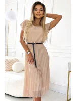 548-1 Plisované midi šaty s černým páskem - BEACH