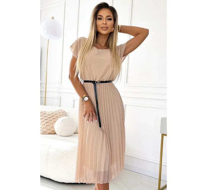 548-1 Plisované midi šaty s černým páskem - BEACH