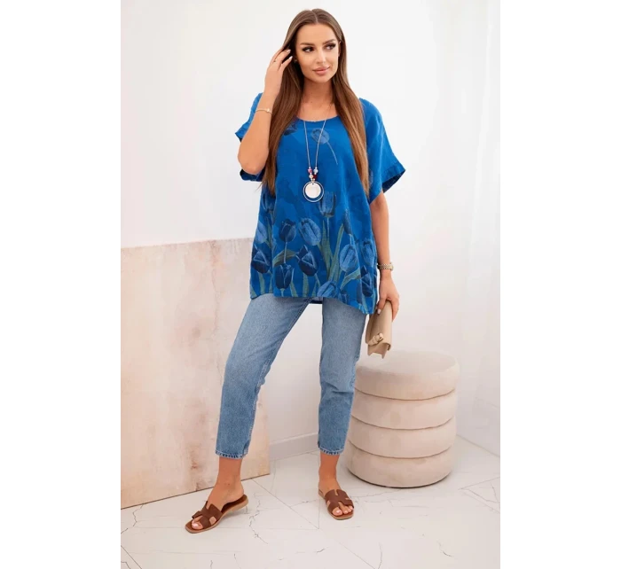 Dámská bavlněná košile s květinovým vzorem chrpově modrá Dámská bavlněná košile s květinovým vzorem chrpově modrá