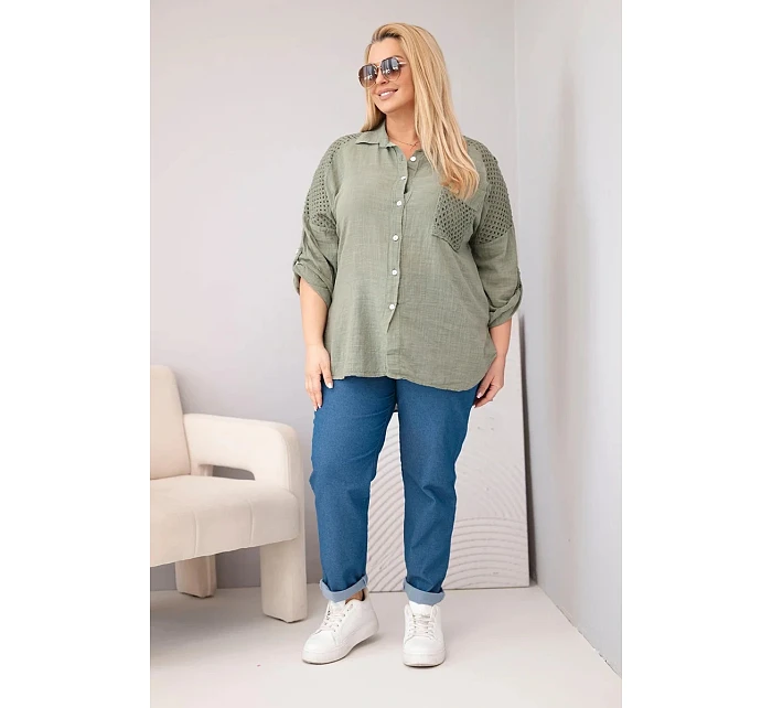 Dámská viskózová košile Plus Size s límečkem a model 22043130 vsadkou khaki - K-Fashion