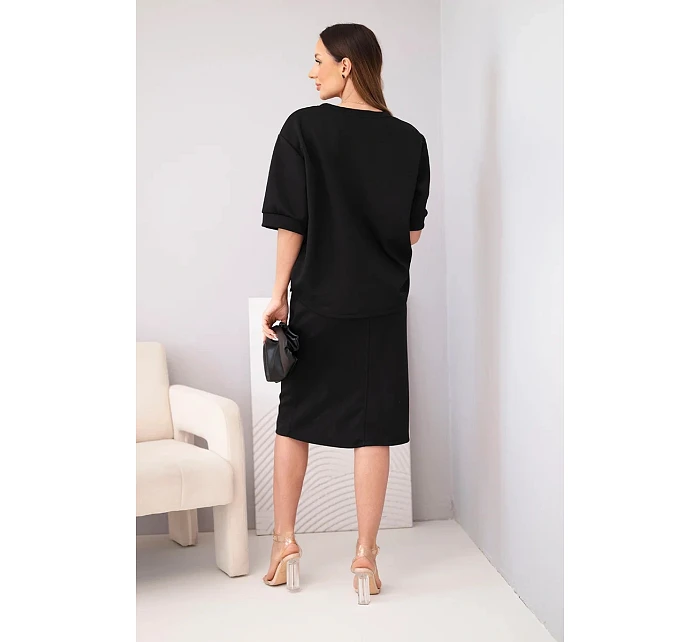 Dámský máslový komplet s blůzkou a midi sukní černý