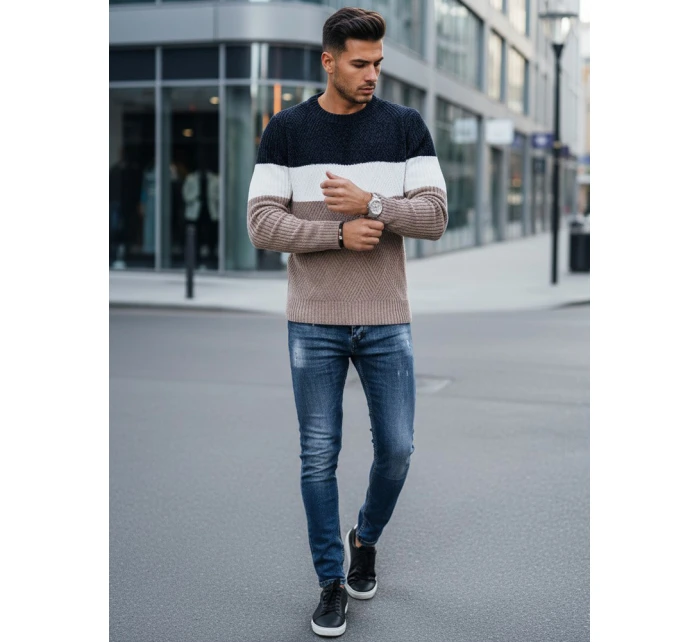 Pánský svetr s kulatým výstřihem tmavě modrý a béžový Dstreet model 21994017 - FashionStreet