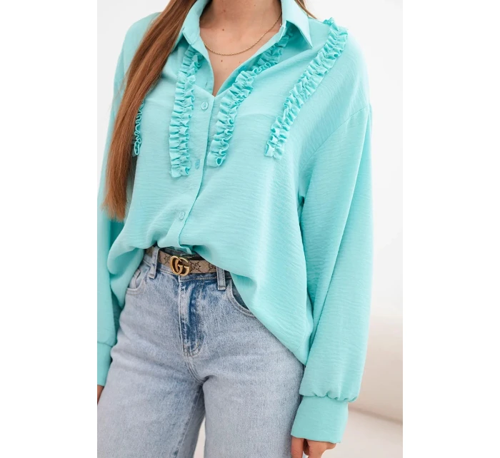 Dámská viskózová košile s dlouhým rukávem a volánky mentolová Dámská viskózová košile s dlouhým rukávem a volánky mentolová