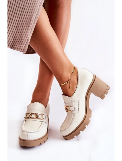 Kožené boty na se zlatým zdobením světle béžová model 21593228 - Boto