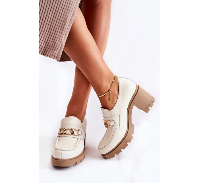 Kožené boty na se zlatým zdobením světle béžová model 21593228 - Boto