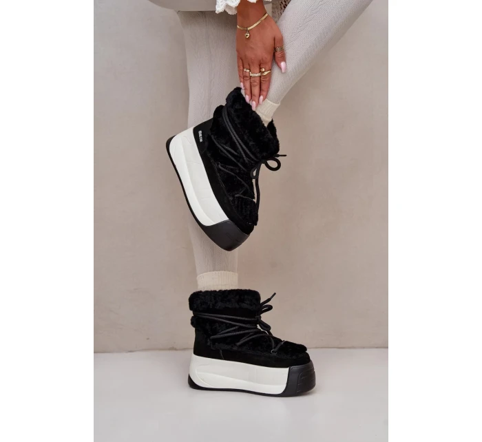 Kožené Dámské Sněhule Na Silné Podešvi S Kožešinou Big Star Černé Kožené Dámské Sněhule Na Silné Podešvi S Kožešinou Big Star Černé