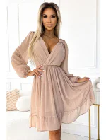 Béžové dámské šifonové midi šaty s dlouhými rukávy a výstřihem model 19927329 - numoco Béžové dámské šifonové midi šaty s dlouhými rukávy a výstřihem model 19927329 - numoco