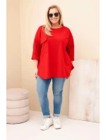 Dámská blůza Plus Size s bavlnou, kapsou a ohrnutým rukávem červená