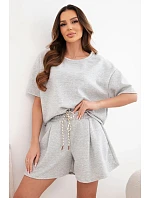 Dámský viskózový máslový komplet s krátkým rukávem a šortky s vysokým pasem šedý melanž